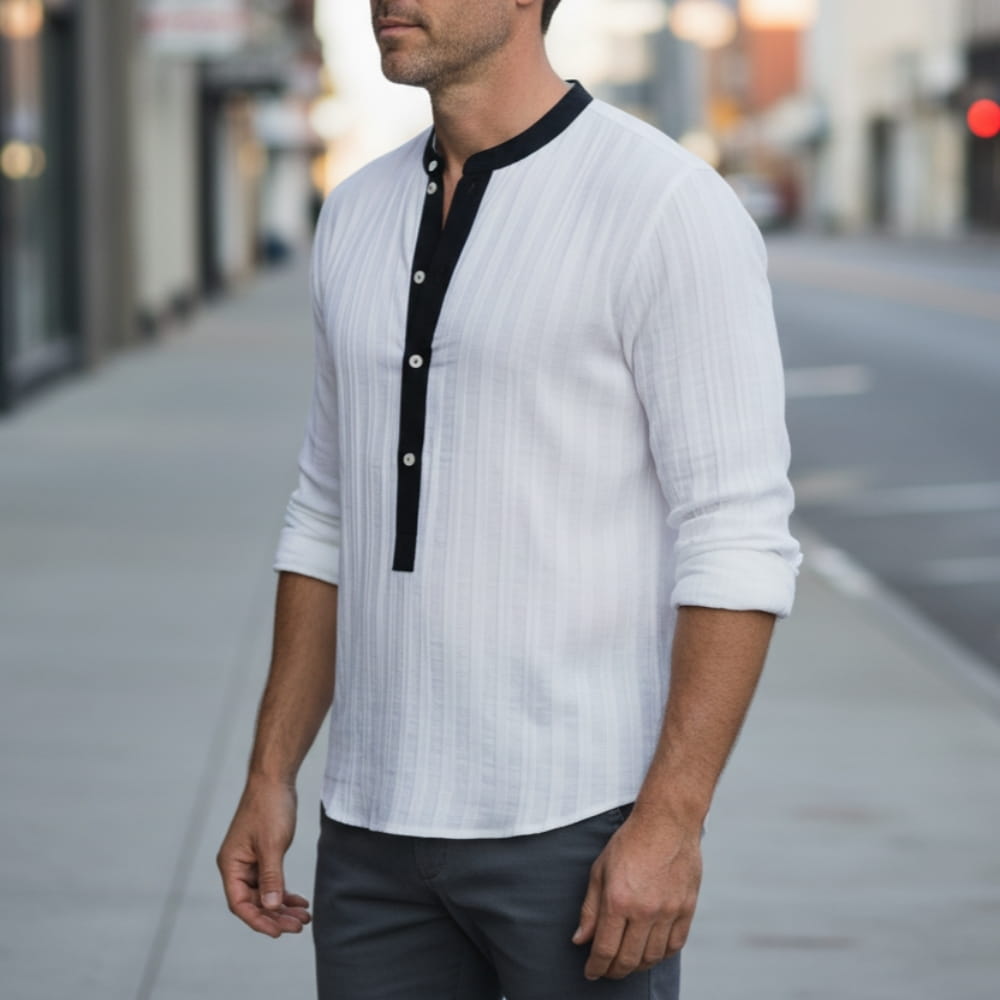 Henley Shirt with Band Collar and Contrast Placket for Men