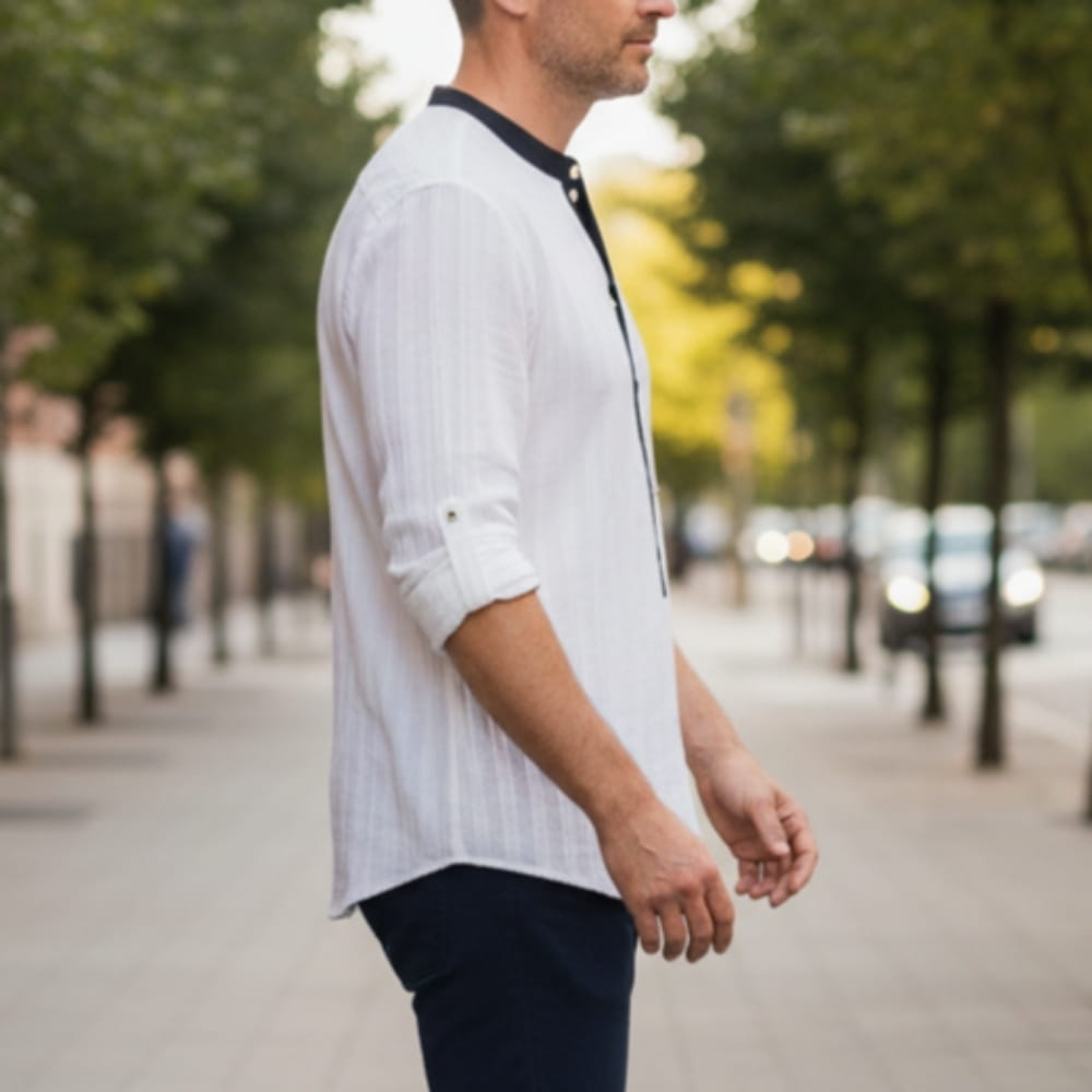 Henley Shirt with Band Collar and Contrast Placket for Men