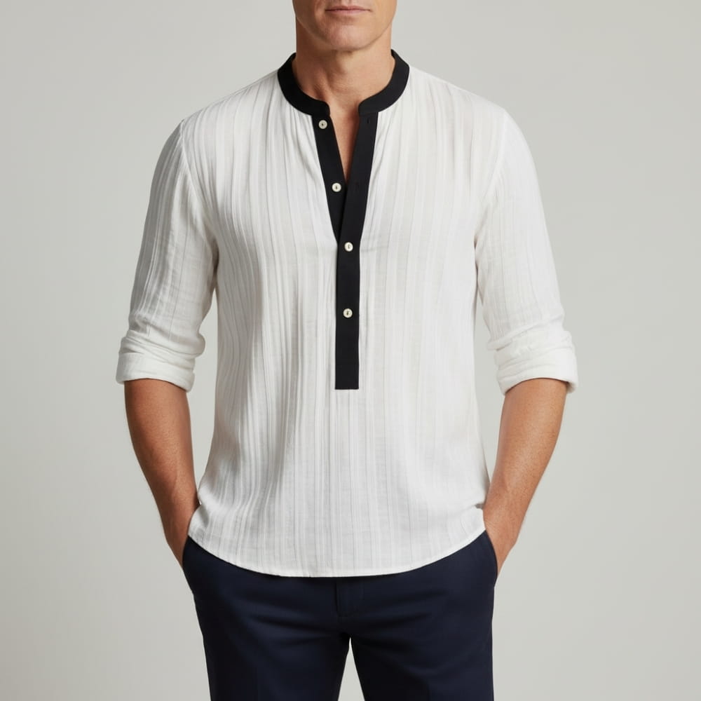 Henley Shirt with Band Collar and Contrast Placket for Men - white