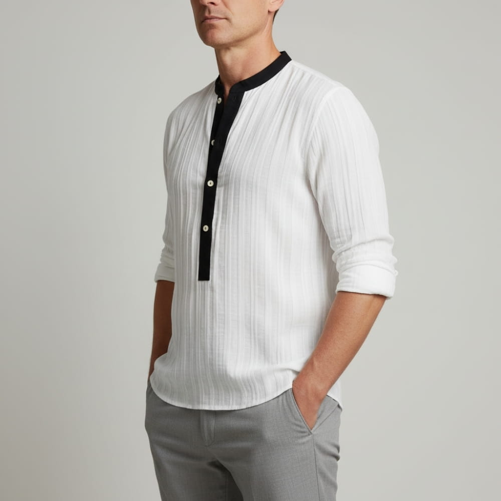 Henley Shirt with Band Collar and Contrast Placket for Men