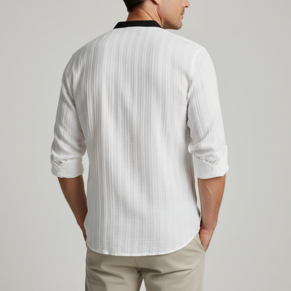 Henley Shirt with Band Collar and Contrast Placket for Men