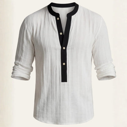 Henley Shirt with Band Collar and Contrast Placket for Men