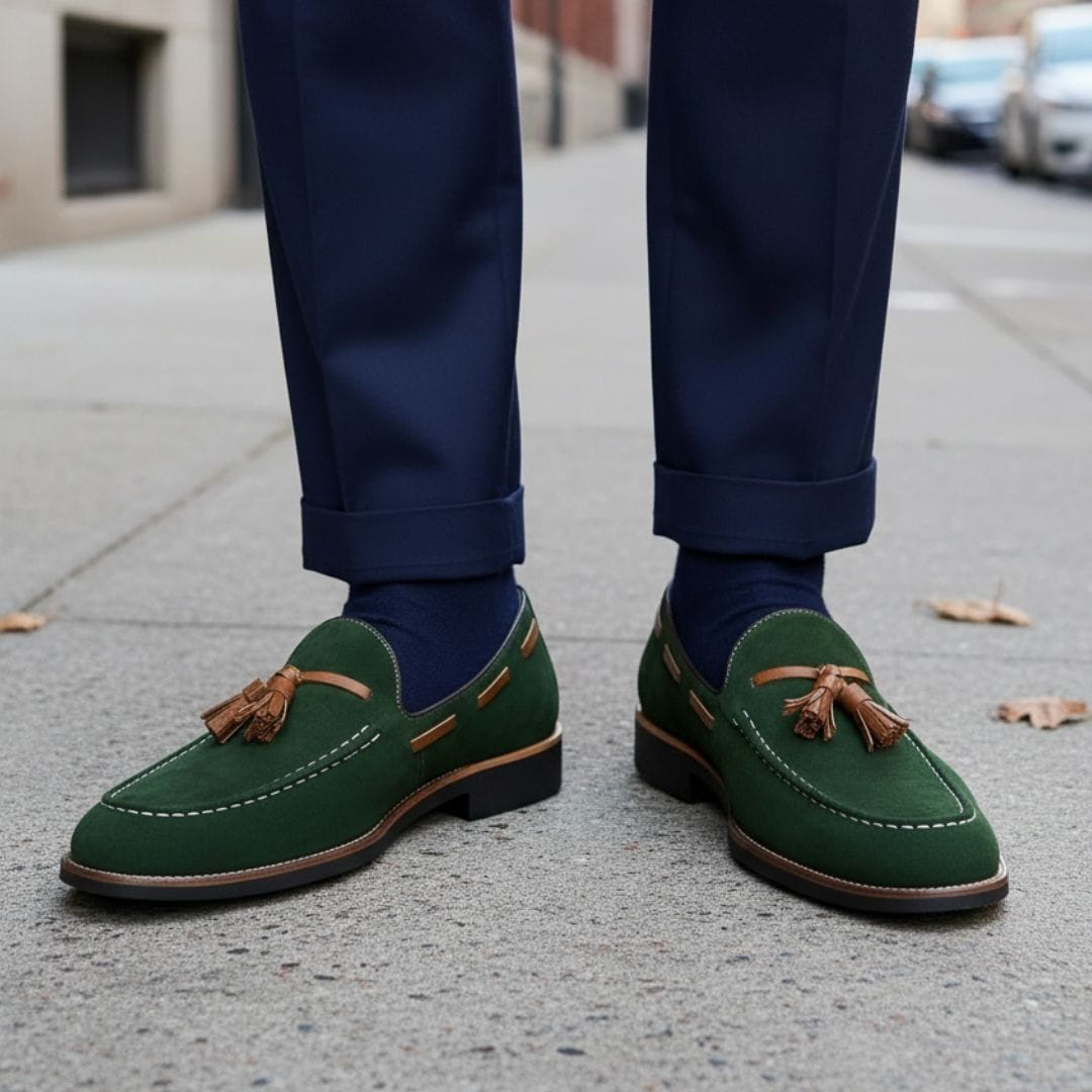 Suede Tassel Loafers with Cushioned Sole for Men - green