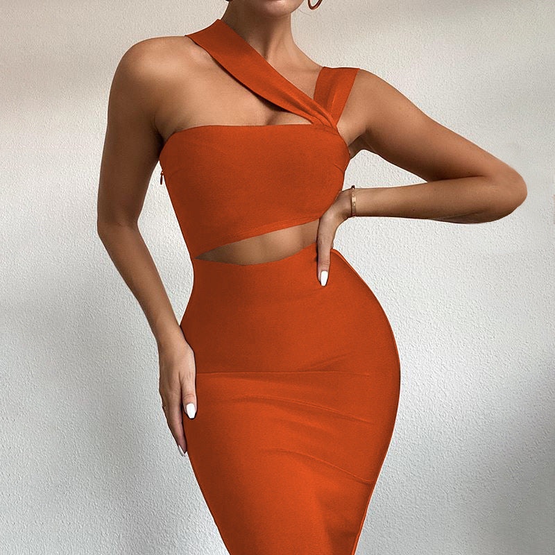 Women's solid color party dress in black and caramel