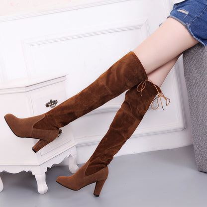 Black knee high thick heel boots for women