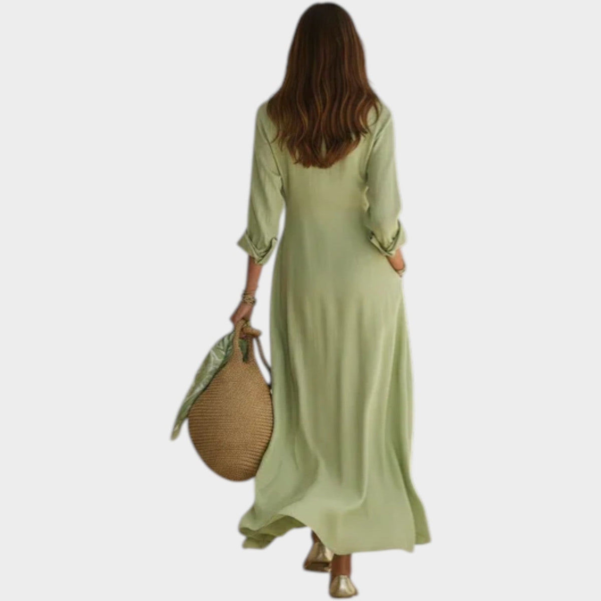 Woman wearing button front maxi dress with long sleeves