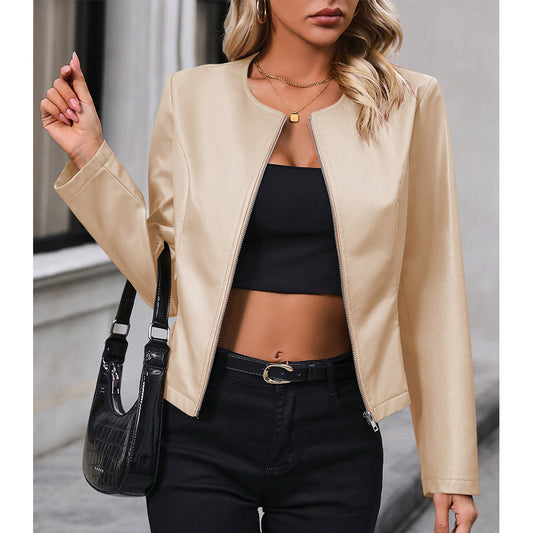 Woman wearing black women's motorcycle jacket with zip front