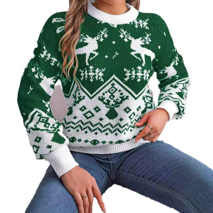 Women's red knit sweater with deer print and lantern sleeves