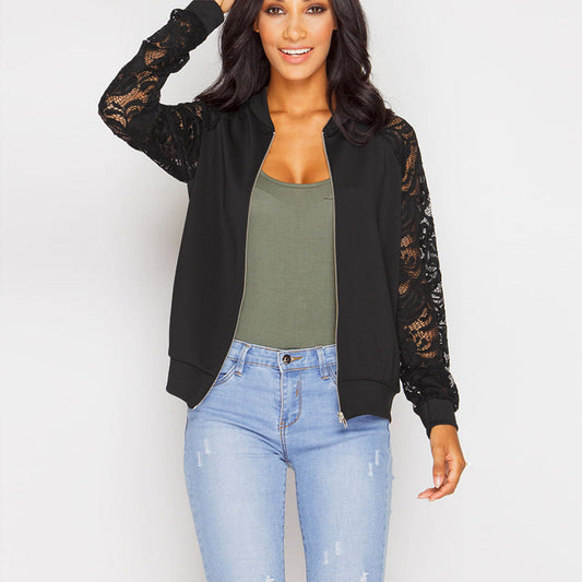 Women's white bomber jacket with lace sleeve detail