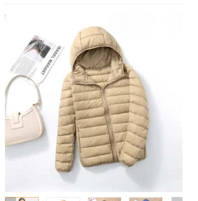 Woman wearing short hooded down jacket with zip front