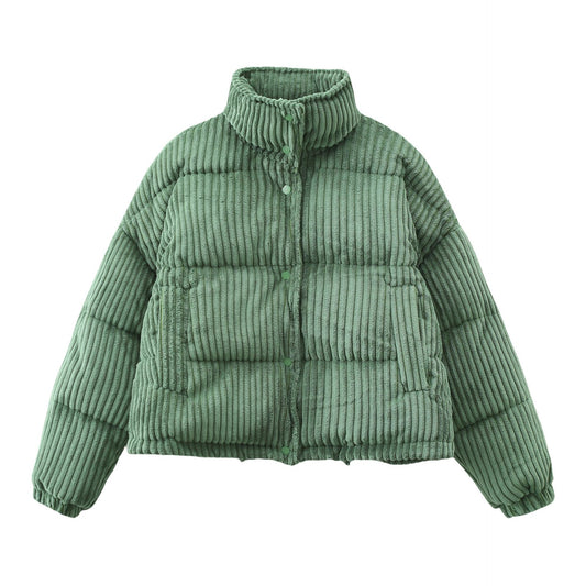 Women's corduroy puffer coat, loose fit, long sleeves