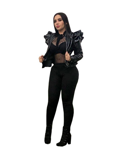 Woman wearing black leather jacket with ruffle edge