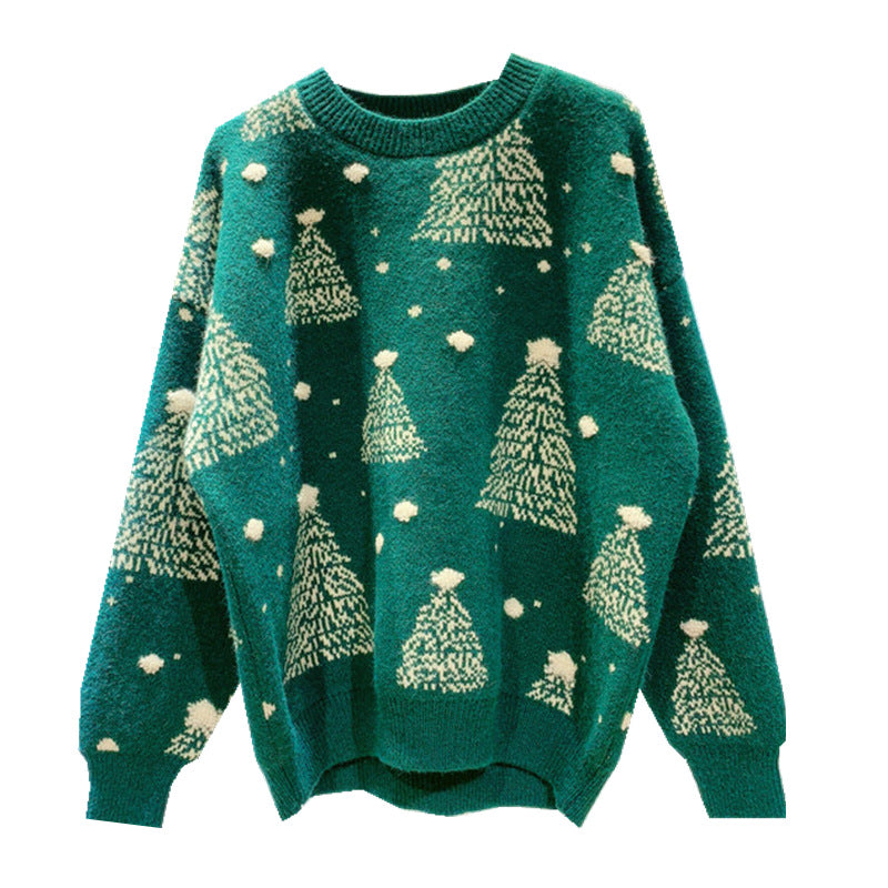 Women's Christmas tree jacquard sweater in wine red