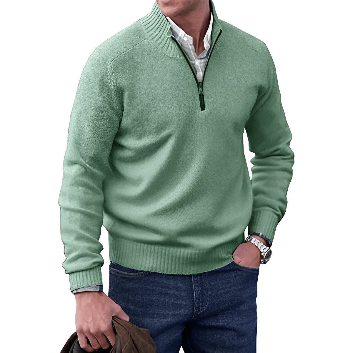 Quarter-zip knitted sweater for men - green