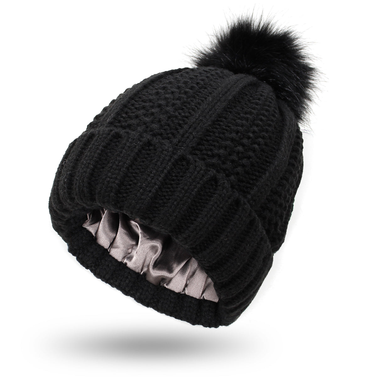 Women's knit beanie with faux fur pom pom