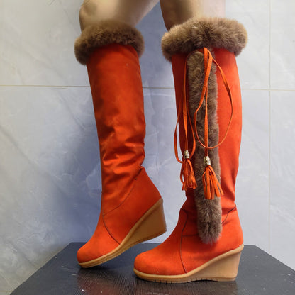 Women's black winter wedge knight boots with ribbon detail