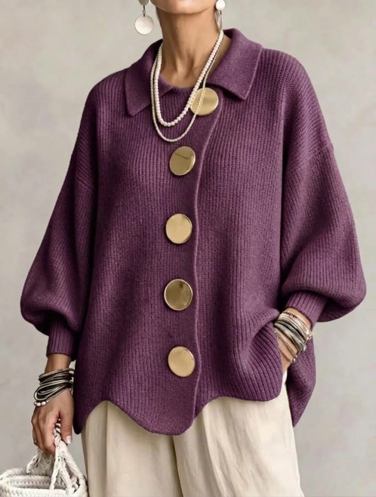 Woman wearing oversized cardigan with lantern sleeves