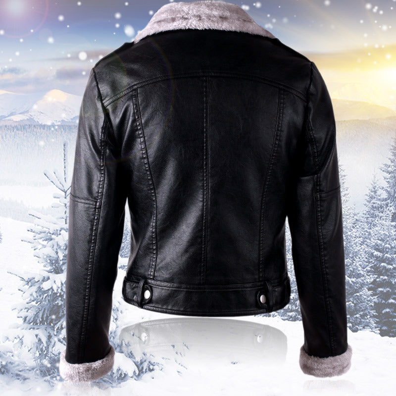 Woman wearing black faux leather jacket with velvet details