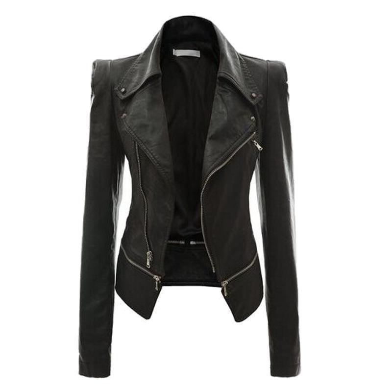 Woman wearing slim fit motorcycle faux leather jacket
