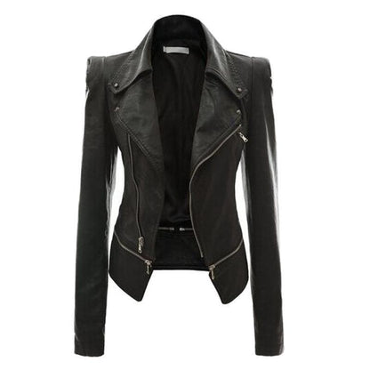 Woman wearing slim fit motorcycle faux leather jacket