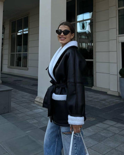 Women's loose faux leather long sleeve coat with pockets