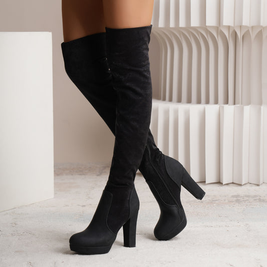 Women's black suede over-the-knee boots with square heel