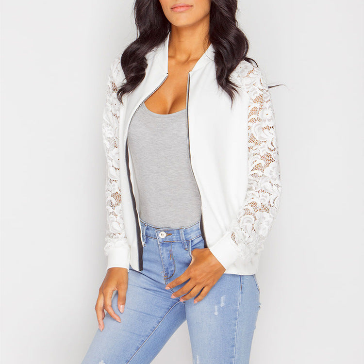 Women's white bomber jacket with lace sleeve detail