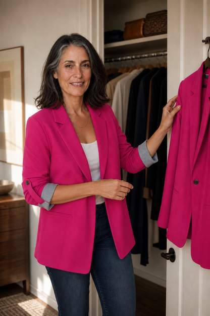 Women's lapel blazer cardigan with structured shoulders, front view
