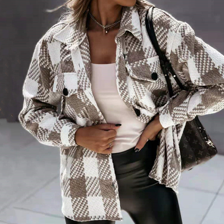 Women's black and white grid check winter shirt jacket