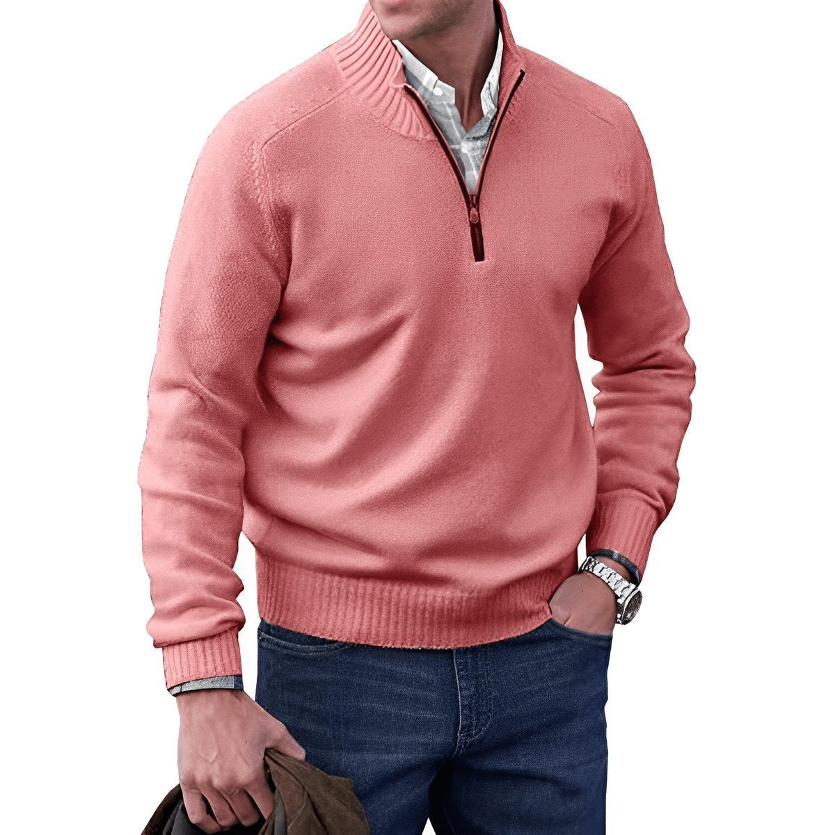 Quarter-zip knitted sweater for men - pink