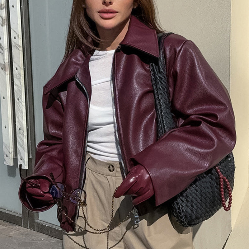 Women's burgundy faux leather zip jacket with lapel collar