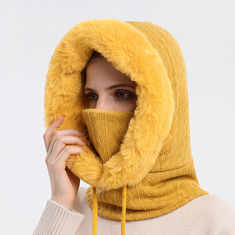 Women's hooded winter knit hat with scarf
