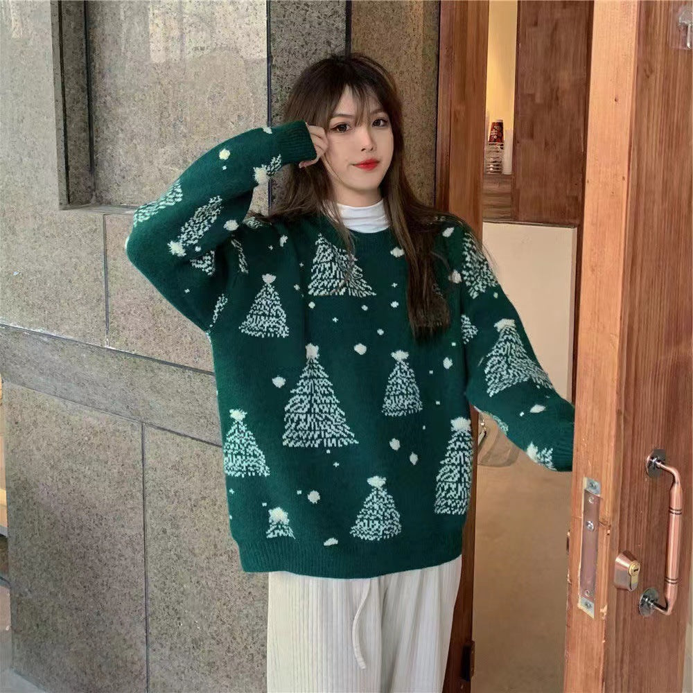 Women's Christmas tree jacquard sweater in wine red