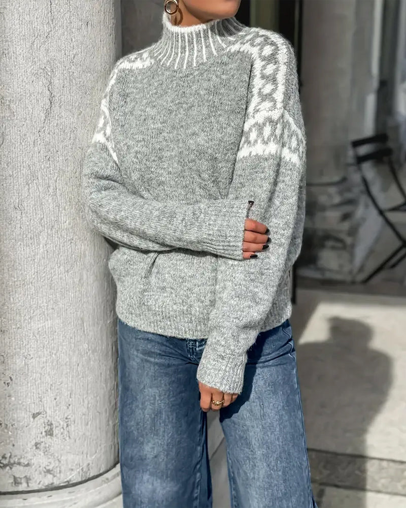 Edeline - High-Neck Nordic Pattern Sweater