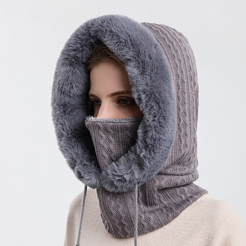 Women's hooded winter knit hat with scarf
