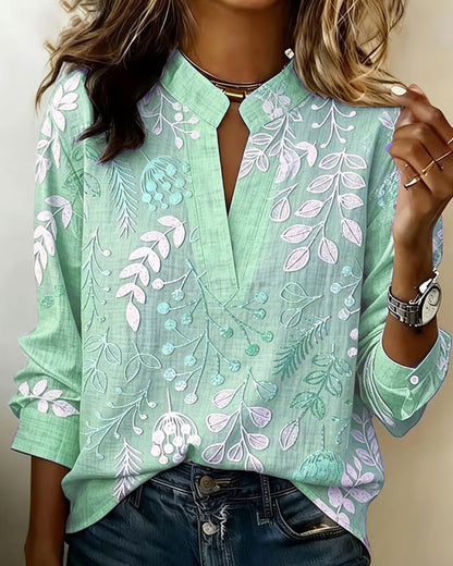 Women's draped V-neck floral blouse - green