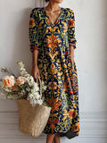 Calla | Women's Navy Cotton Boho Baroque Scroll V-Neck Midi Dress