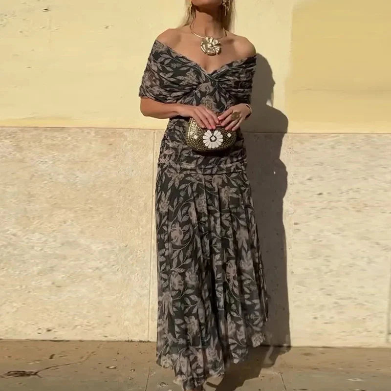 Rosalind - Floral Off-Shoulder Maxi Dress with Ruched Waist