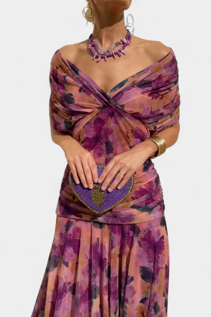 Rosalind - Floral Off-Shoulder Maxi Dress with Ruched Waist