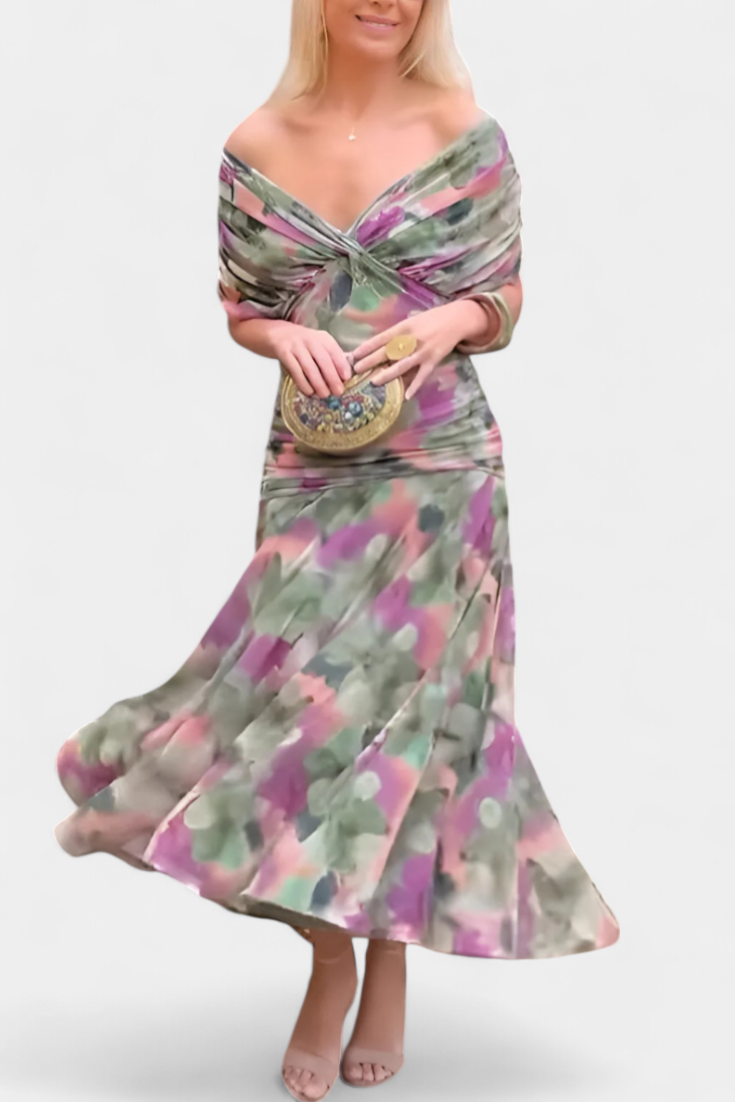 Rosalind - Floral Off-Shoulder Maxi Dress with Ruched Waist