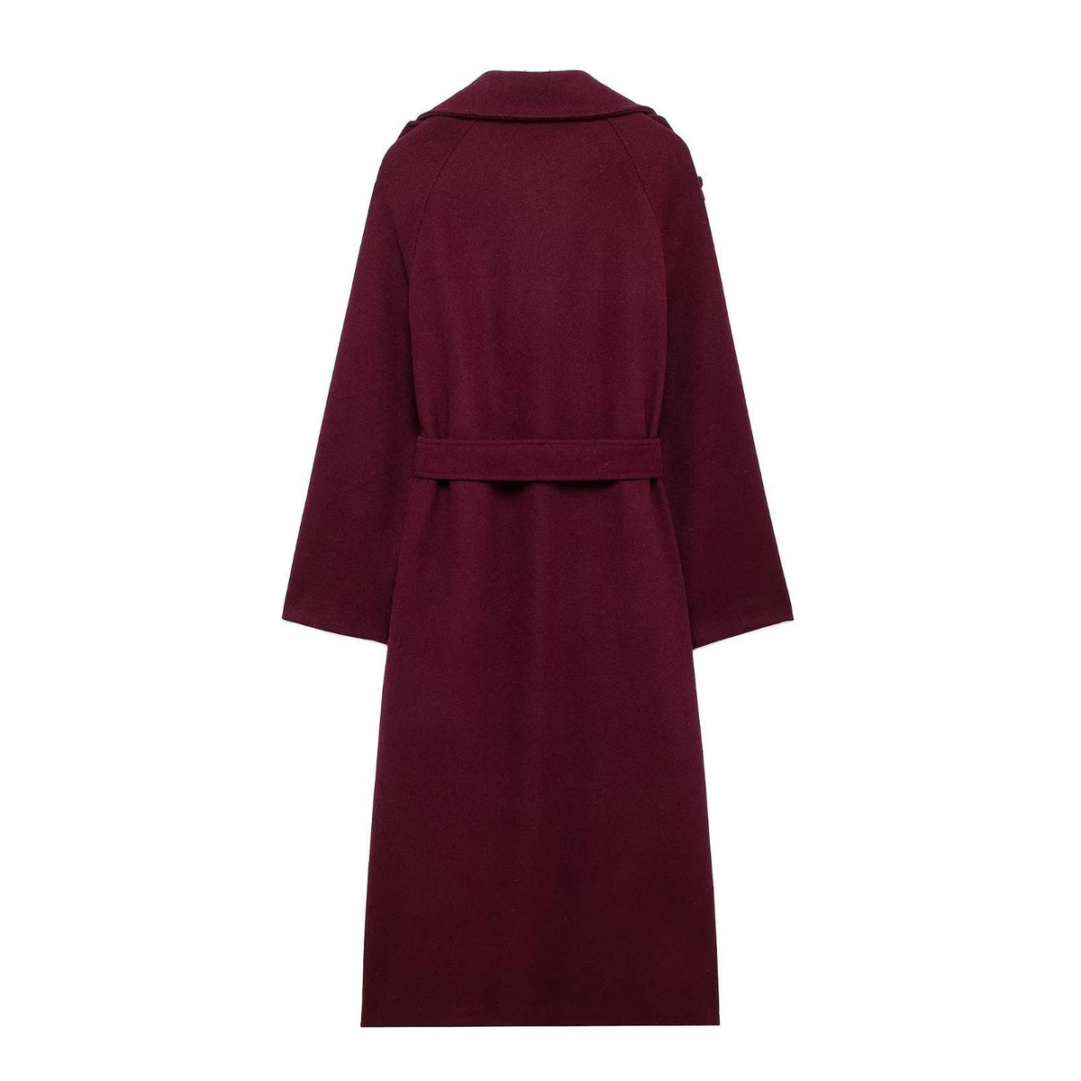 Woman wearing wine red double-breasted long coat with belt