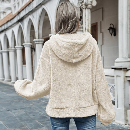 Women's apricot hooded loose fit plush sweater