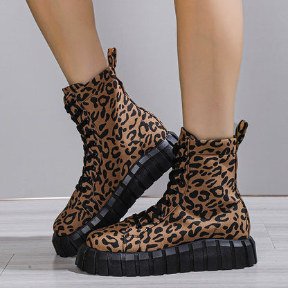 Women's leopard print platform boots with round toe