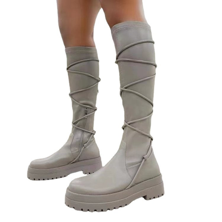 Women's lace-up platform cowboy boots with chunky heel