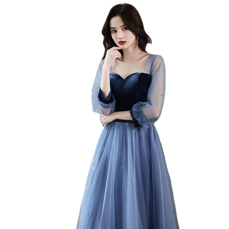 Light blue long A-line party dress with bandage detail
