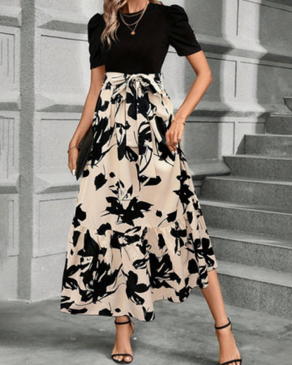 Celeste | Women's Beige Stretch Puff Sleeve Tie-Waist Tiered Maxi Dress