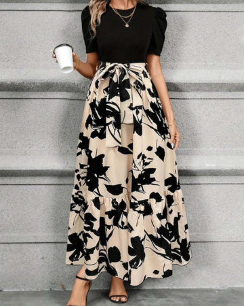 Celeste | Women's Beige Stretch Puff Sleeve Tie-Waist Tiered Maxi Dress
