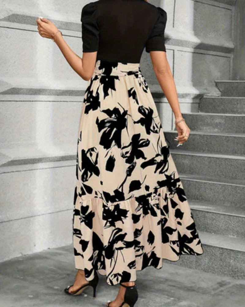 Celeste | Women's Beige Stretch Puff Sleeve Tie-Waist Tiered Maxi Dress