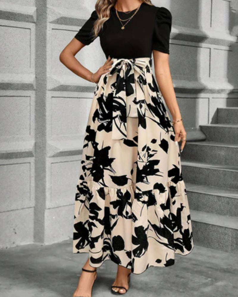Celeste | Women's Beige Stretch Puff Sleeve Tie-Waist Tiered Maxi Dress