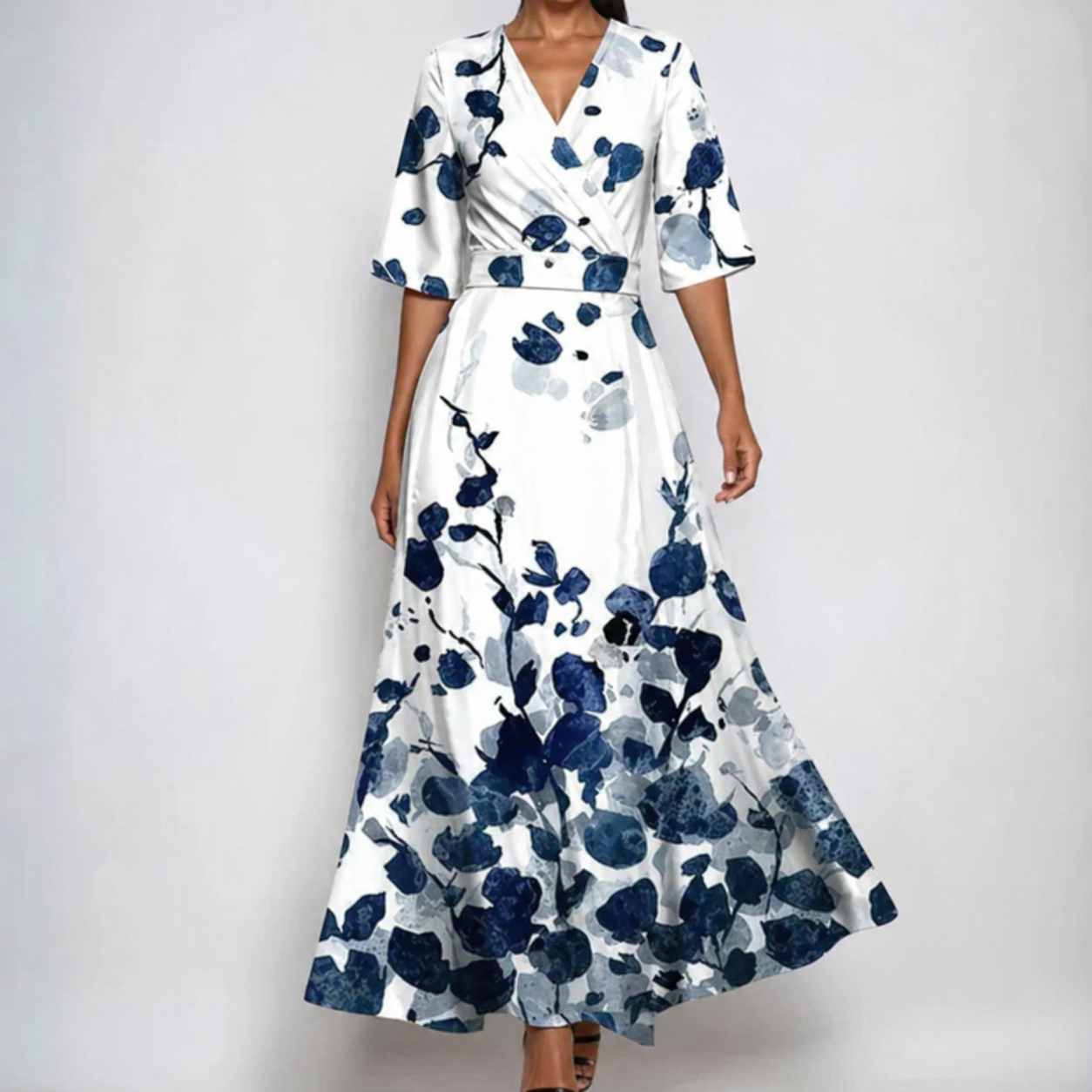 Celeste | Women's Satin Floral Wrap V-Neck Belted Maxi Dress